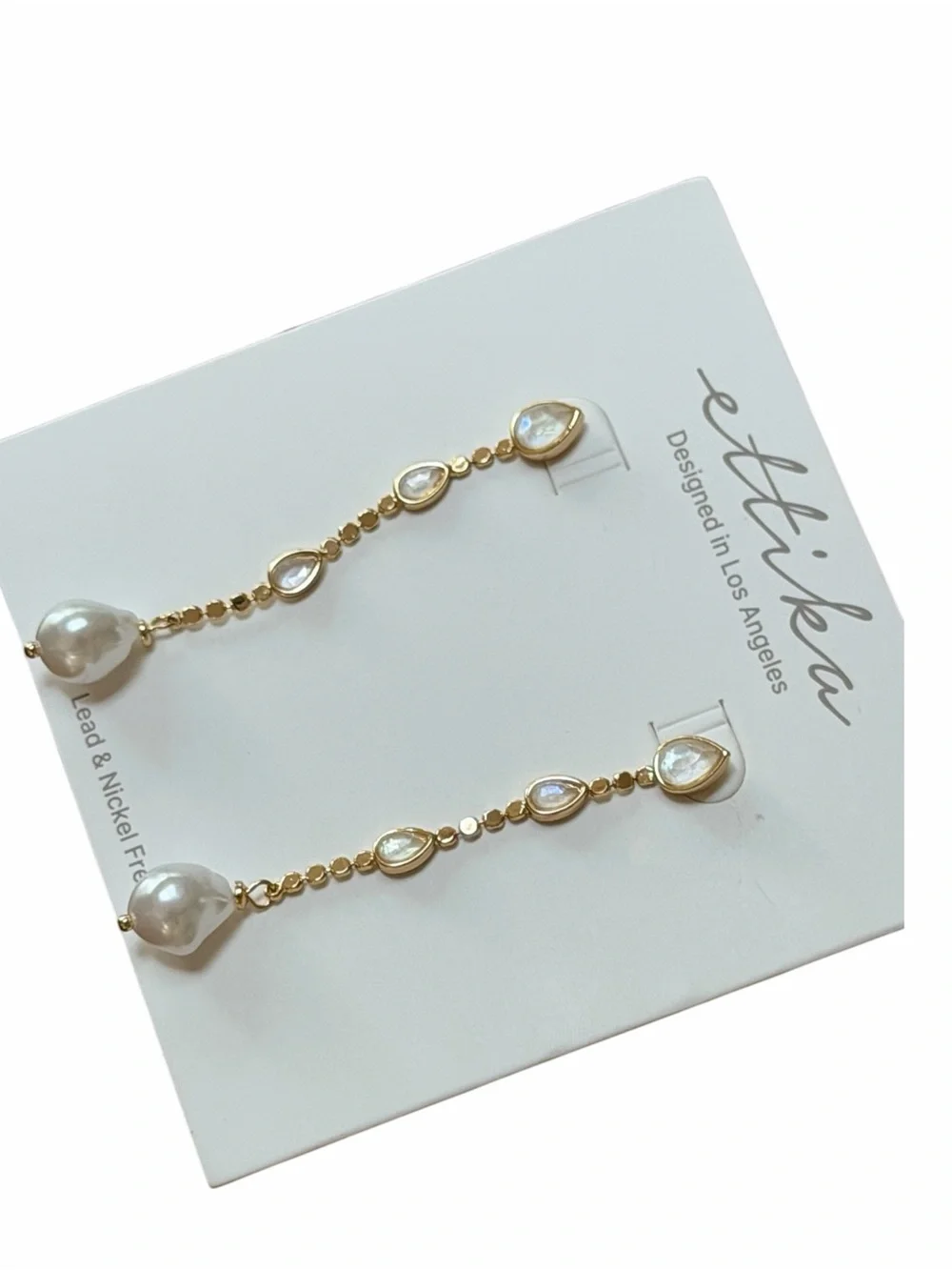 NWT ettika Gold Pearl Drop Linear Earrings - White Pearls
